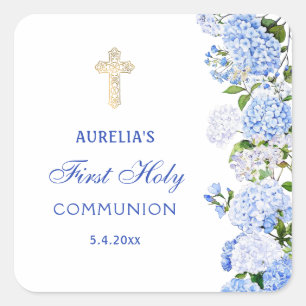 Blue Hydrangea First Communion Square Sticker