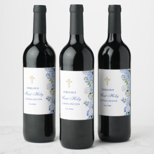Blue Hydrangea First Communion Wine Label