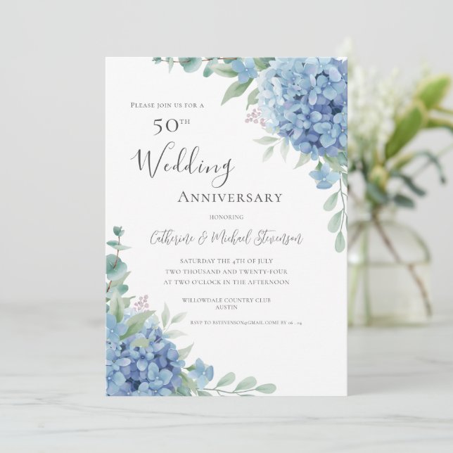 Blue Hydrangea Floral 50th Wedding Anniversary Invitation (Standing Front)
