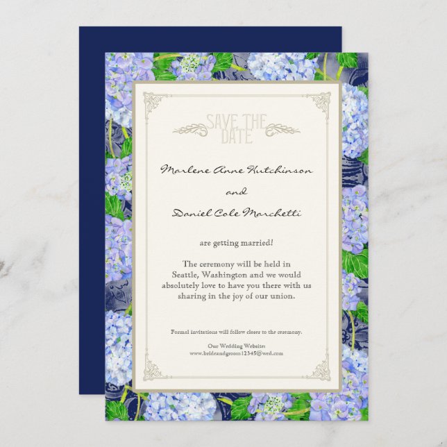 Blue Hydrangea Floral Art Deco Elegant Weddings Invitation (Front/Back)