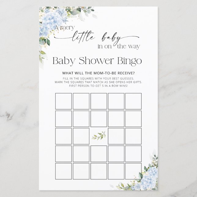 Blue Hydrangea Floral Baby Shower Game Bingo (Front)