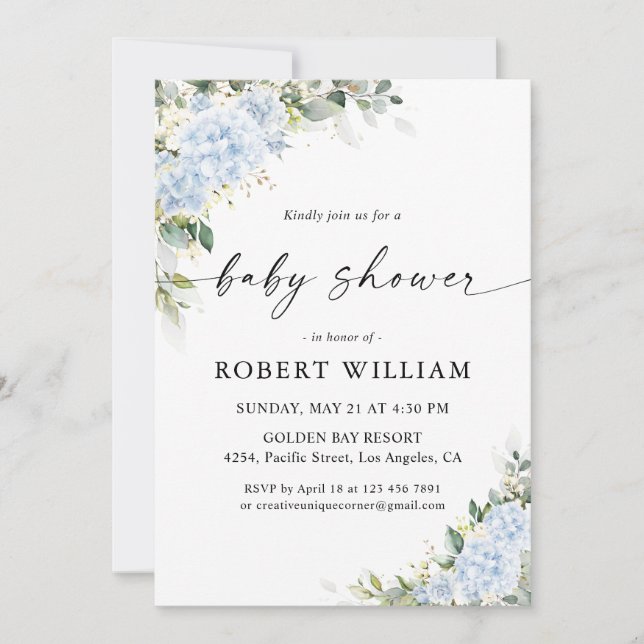Blue Hydrangea Floral Baby Shower Invitation (Front)