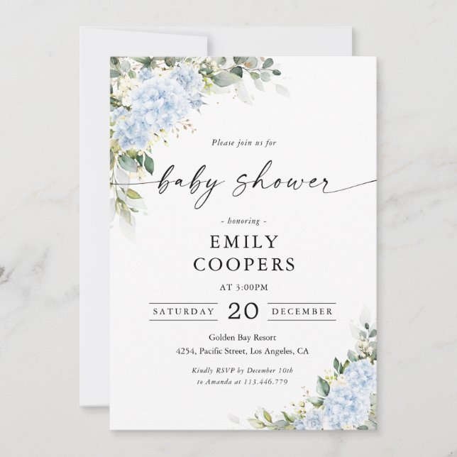Blue Hydrangea Floral Baby Shower Invitation (Front)
