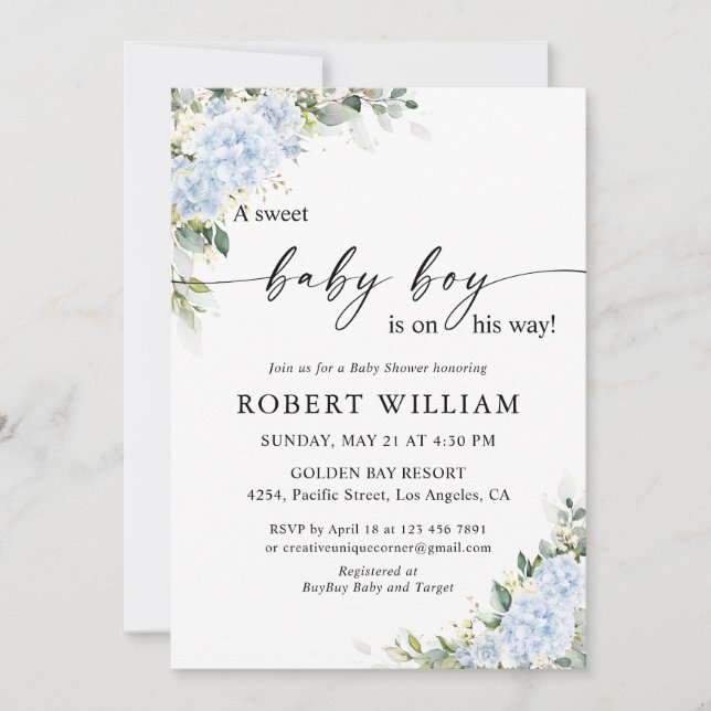 Blue Hydrangea Floral Baby Shower Invitation (Front)
