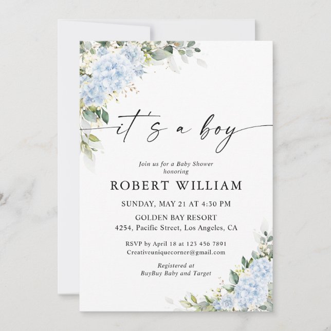 Blue Hydrangea Floral Baby Shower Invitation (Front)