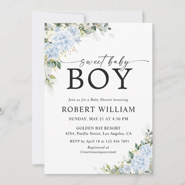 Blue Hydrangea Floral Baby Shower Invitation (Front)