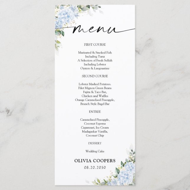 Blue Hydrangea Floral Baby Shower Menu (Front)