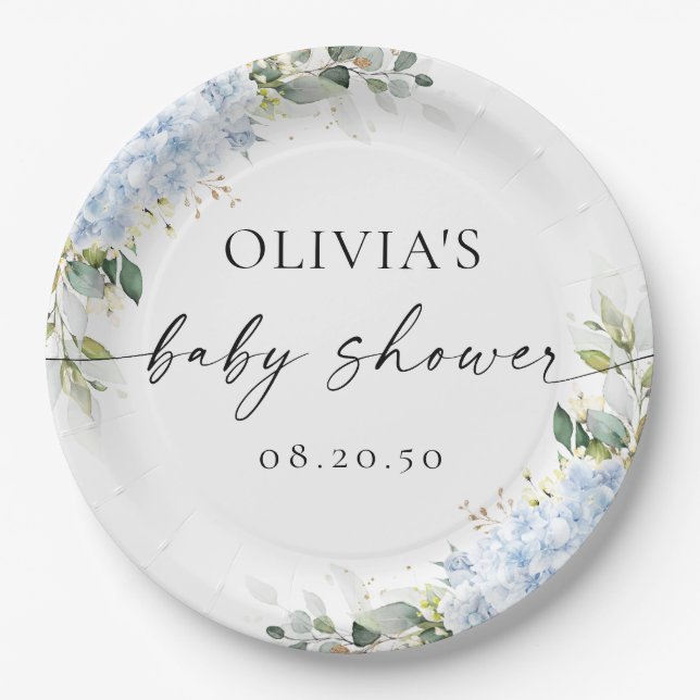 Blue Hydrangea Floral Baby Shower Paper Plate (Front)