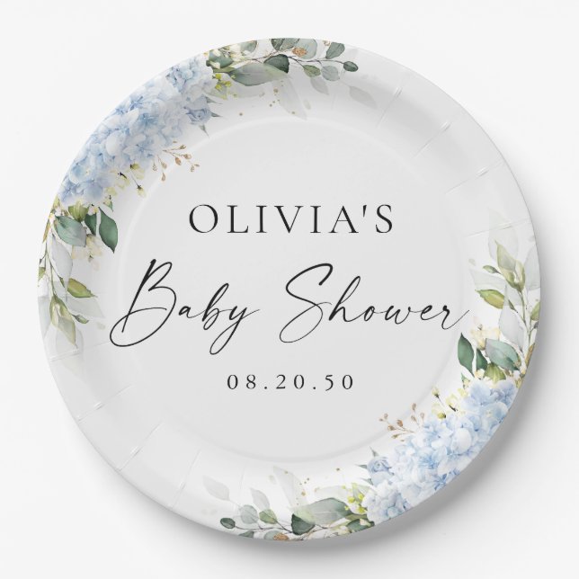 Blue Hydrangea Floral Baby Shower Paper Plate (Front)