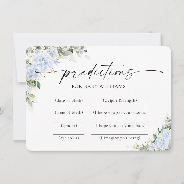 Blue Hydrangea Floral Baby Shower Predictions Card (Front)