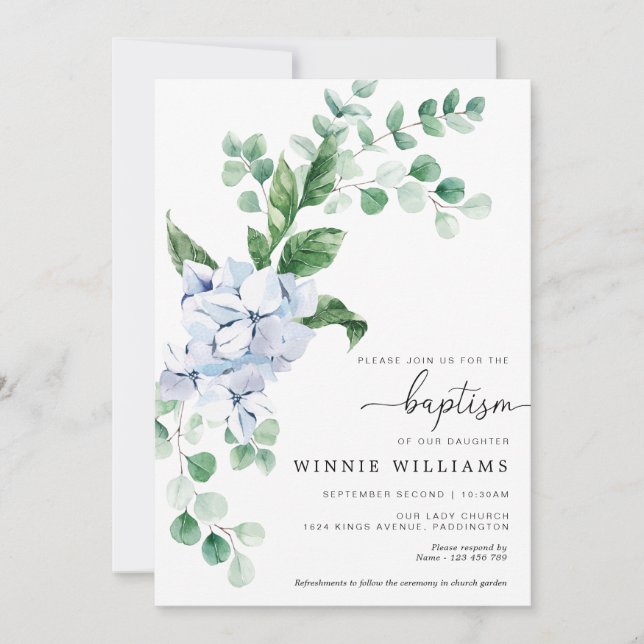 Blue Hydrangea Floral Baptism Invitation (Front)