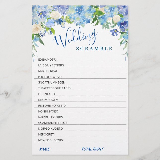 Blue Hydrangea  Floral Bridal Shower Game (Front)