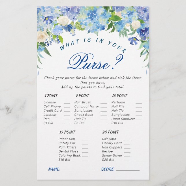 Blue Hydrangea Floral Bridal Shower Game (Front)