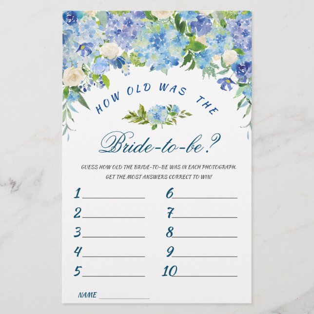 Blue Hydrangea Floral Bridal Shower Game (Front)
