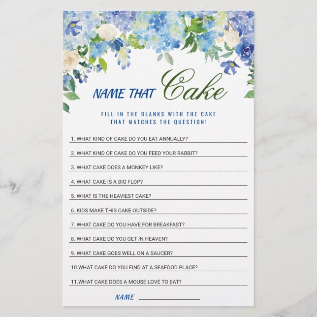 Blue Hydrangea  Floral Bridal Shower Game (Front)