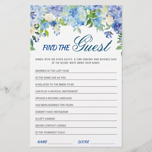 Blue Hydrangea  Floral Bridal Shower Game (Front)