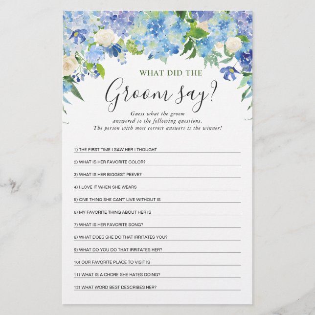 Blue Hydrangea Floral Bridal Shower Game (Front)