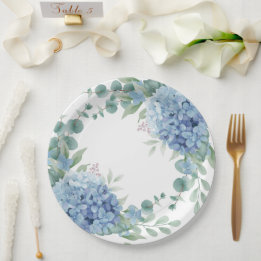 Blue Hydrangea Floral Bridal Shower Paper Plate