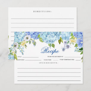 Blue Hydrangea  Floral Bridal Shower Recipe Card