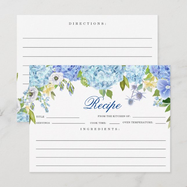Blue Hydrangea  Floral Bridal Shower Recipe Card (Front/Back)