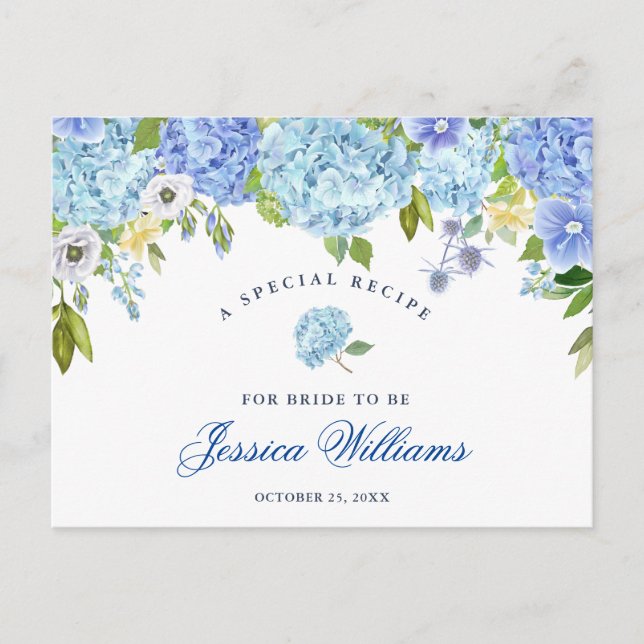 Blue Hydrangea Floral Bridal Shower Recipe Card (Front)