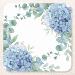 Blue Hydrangea Floral Bridal Shower Square Paper Coaster