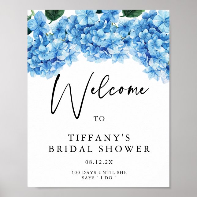 Blue Hydrangea Floral Bridal Shower Welcome Sign (Front)