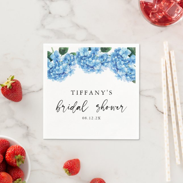 Blue Hydrangea Floral Bridal Shower Welcome Sign Napkin (Insitu)