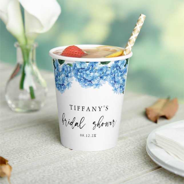 Blue Hydrangea Floral Bridal Shower Welcome Sign Paper Cups (Insitu)