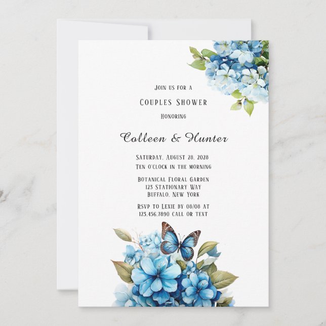 Blue Hydrangea Floral Butterfly Couples Shower Invitation (Front)