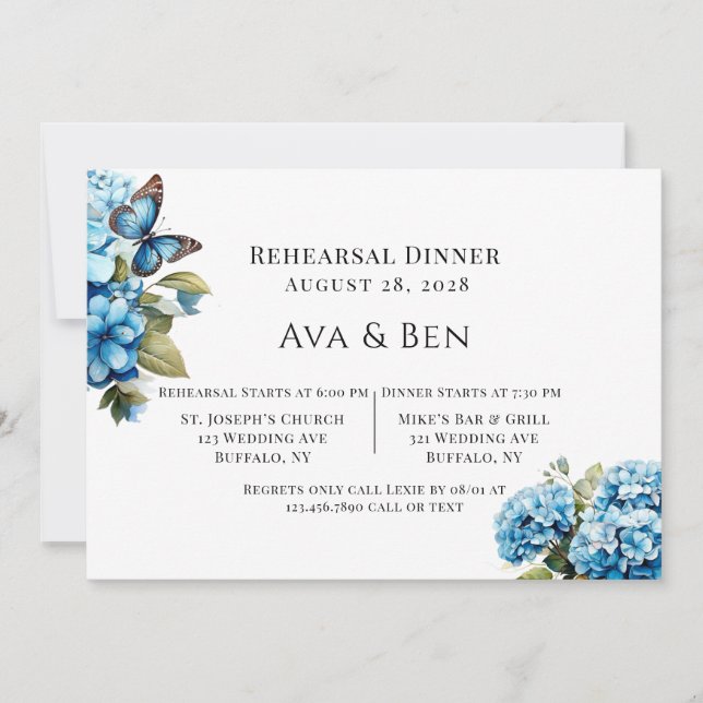 Blue Hydrangea Floral Butterfly Rehearsal Dinner Invitation (Front)