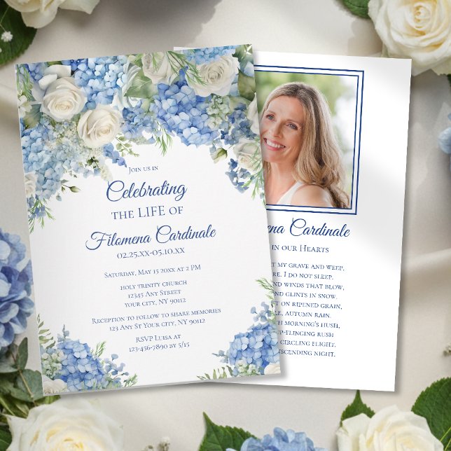Blue Hydrangea Floral Celebration of Life Memorial Invitation (Creator Uploaded)
