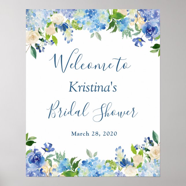 Blue Hydrangea Floral Chic Bridal Shower Sign (Front)