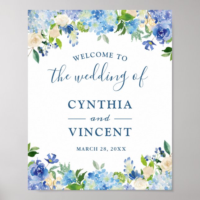 Blue Hydrangea Floral Chic Wedding Welcome Sign (Front)