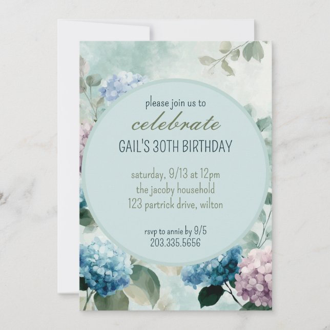 Blue Hydrangea Floral Circle Birthday Party Invite (Front)