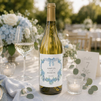Blue Hydrangea Floral Crest Watercolor Wedding Wine Label