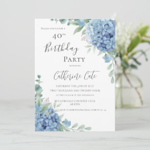 Blue Hydrangea Floral Elegant 40th Birthday Invitation