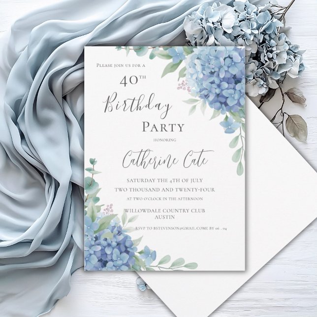 Blue Hydrangea Floral Elegant 40th Birthday Invitation (Creator Uploaded)