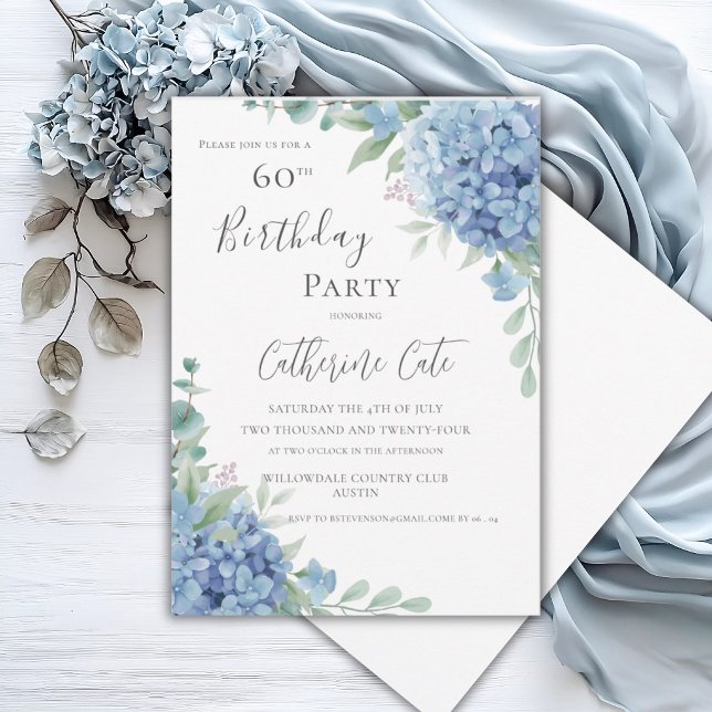 Blue Hydrangea Floral Elegant 60th Birthday Invitation (Creator Uploaded)