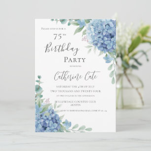 Blue Hydrangea Floral Elegant 75th Birthday Invitation