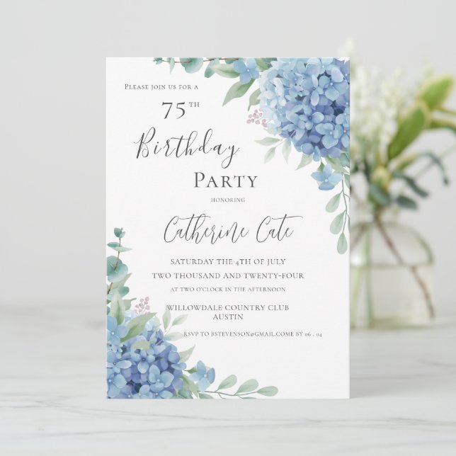 Blue Hydrangea Floral Elegant 75th Birthday Invitation (Standing Front)