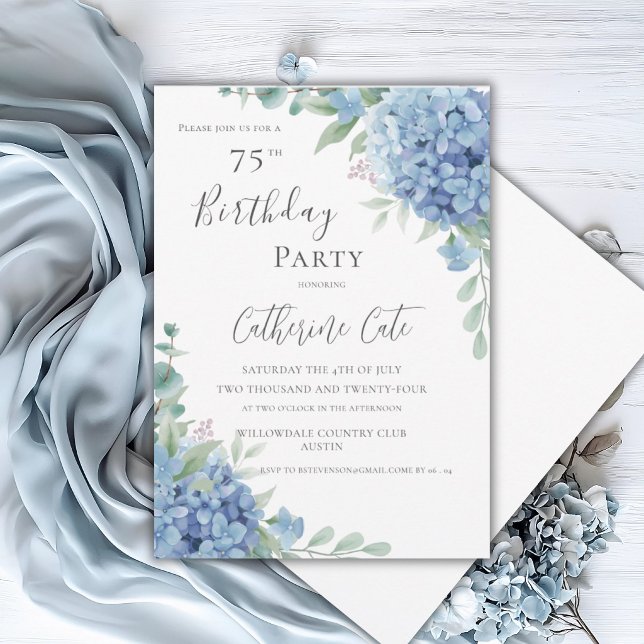 Blue Hydrangea Floral Elegant 75th Birthday Invitation (Creator Uploaded)