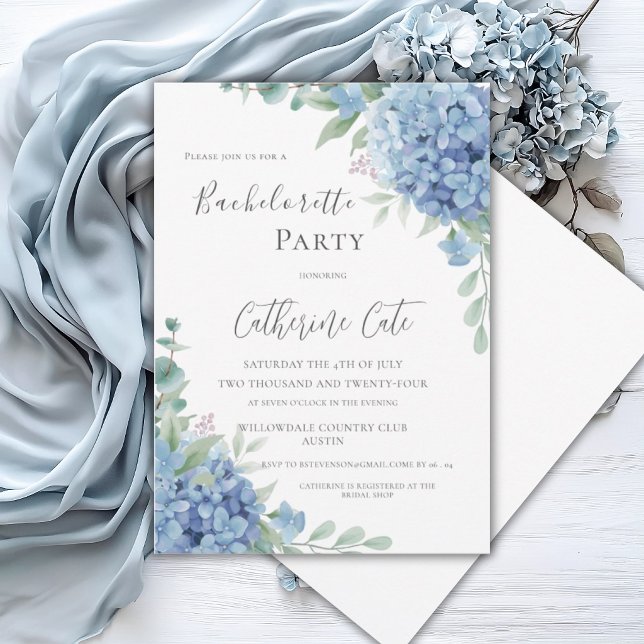 Blue Hydrangea Floral Elegant Bachelorette Party Invitation (Creator Uploaded)