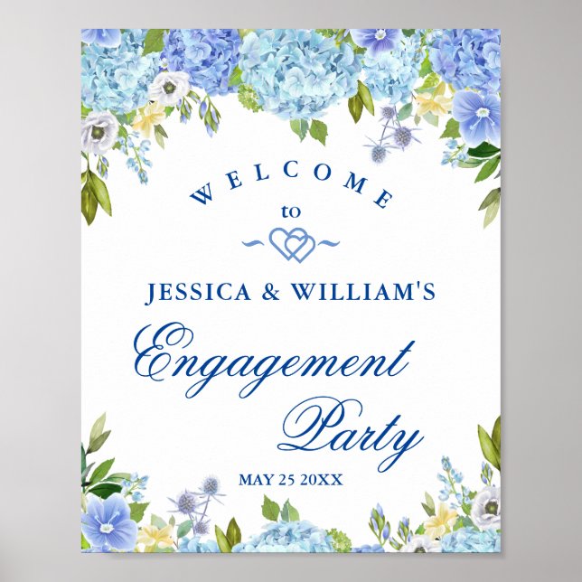 Blue Hydrangea   Floral Engagement Party Sign (Front)