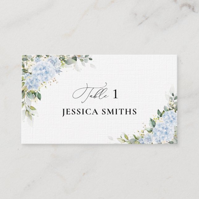 Blue Hydrangea Floral Flat Place Card (Front)