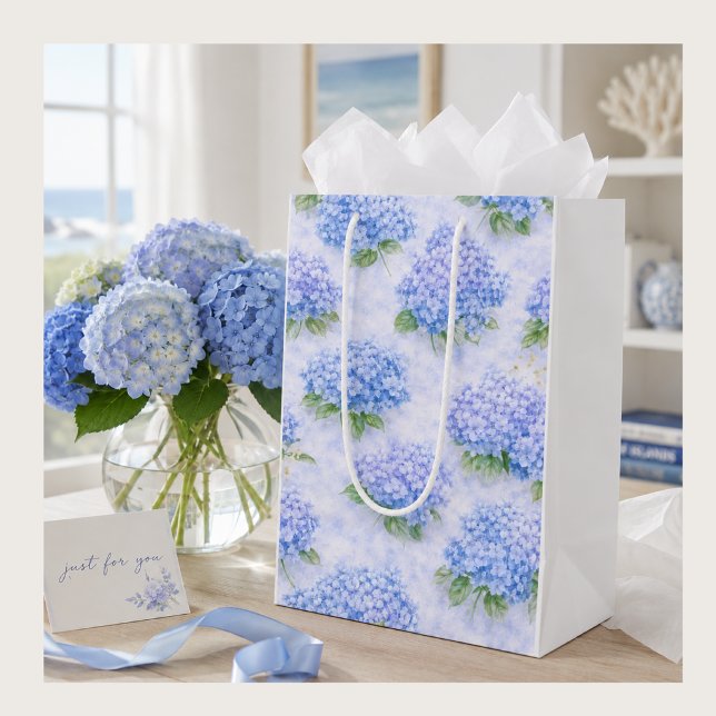 Blue Hydrangea Floral Gift Bag | Elegant Linen  (Blue hydrangea gift bag with white sides, perfect for birthdays, thank you gifts and garden lovers.)