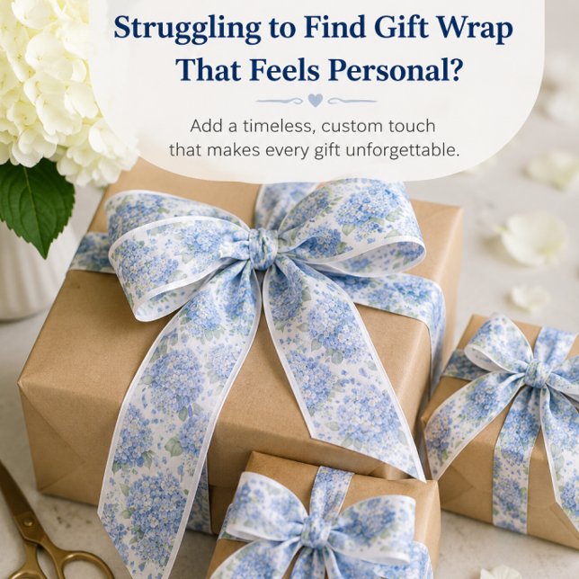 Blue Hydrangea Floral Gift Ribbon Satin Ribbon (Elegant blue hydrangea ribbon for luxury gift wrapping, weddings, gift baskets, and boutique gifting)