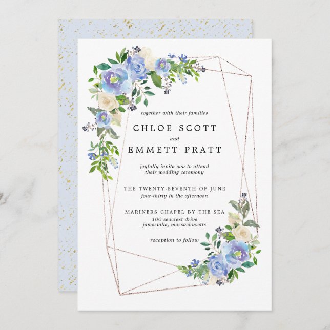 Blue Hydrangea Floral Gold Geometric Frame Invitation (Front/Back)