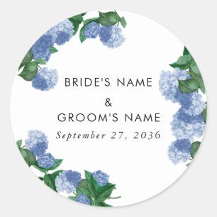 Blue Hydrangea Floral Greenery Modern Wedding Classic Round Sticker