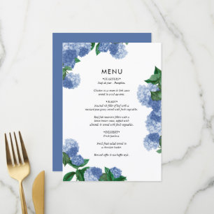 Blue Hydrangea Floral Greenery Modern Wedding Menu